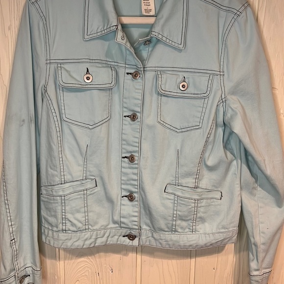 Jean Jacket Style Turquoise Brown  stitching Silver buttons  size large - Picture 2 of 10